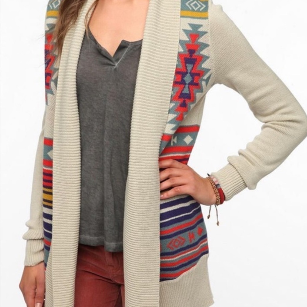 Ecote Cream South Western Open Front Cardigan Tribal Design Size Small